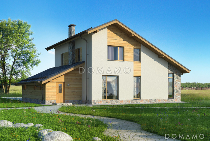 Проект дома из газобетона с небольшой крытой террасой