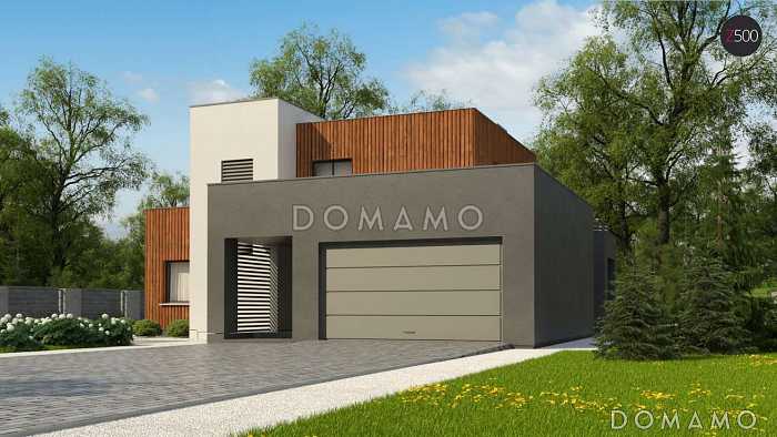 Проект современного двухэтажного дома из газобетона с плоской крышей, четырьмя комнатами, гаражом и террасой на втором этаже