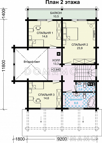 Проект дома из бруса с 4 спальнями, террасой, балконом и вторым светом / План мансардного этажа