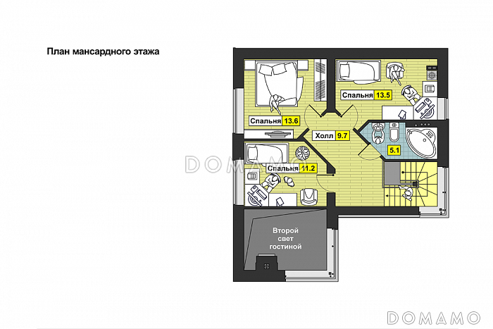 Проект дома с крытой террасой, навесом для автомобиля, вторым светом в гостиной / План мансардного этажа