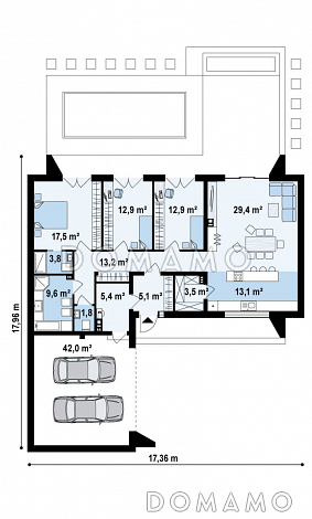 Проект современного одноэтажного углового дома из газобетона с плоской крышей, с тремя спальнями и двухместным гаражом  / План 1 этажа