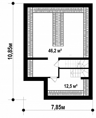 Проект двухэтажного загородного дома с подвалом, вытянутой кухней с кладовой, светлыми спальнями на втором этаже / План цокольного этажа