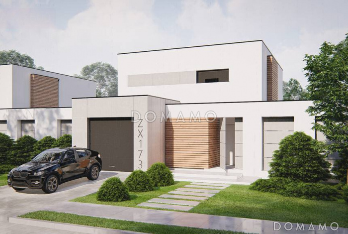 Проект современного загородного дома с плоской крышей, кладовой под лестницей, вытянутой ванной на втором этаже