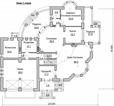 Проект коттеджа с двусветной гостиной, террасой и гаражом на 2 а/м / План 1 этажа
