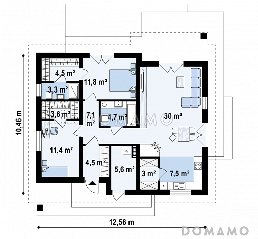Проект простого уютного одноэтажного дома из кирпича с двумя спальнями и возможностью обустройства мансарды / План 1 этажа
