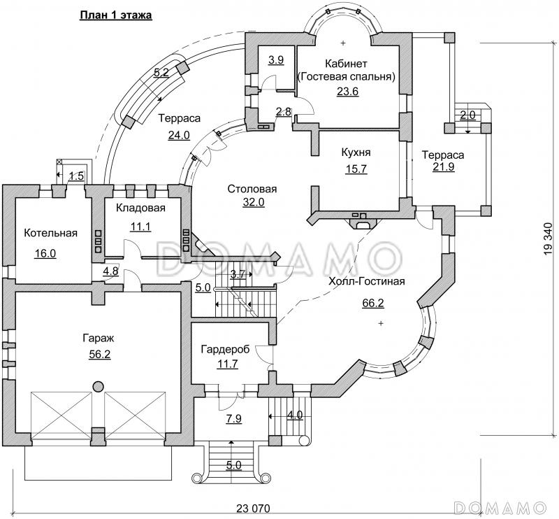 Проект коттеджа с двусветной гостиной, террасой и гаражом на 2 а/м / План 1 этажа