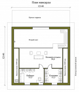 Проект одноэтажного газобетонного дома с мансардой, вторым светом и крытой террасой / План мансардного этажа