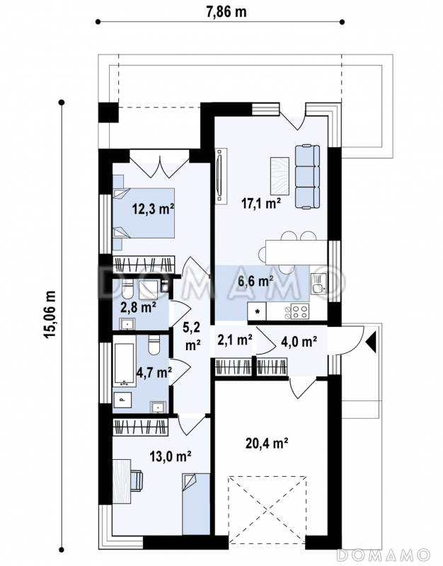 Проект одноэтажного дома небольшой площади с гаражом, двумя спальнями с большими окнами / План 1 этажа