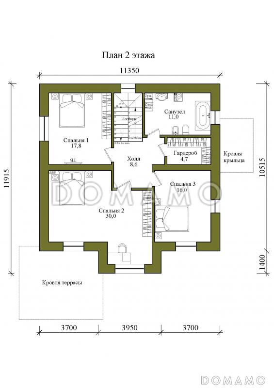 Проект двухэтажного дома с крытой террасой и четырьмя спальнями / План 2 этажа