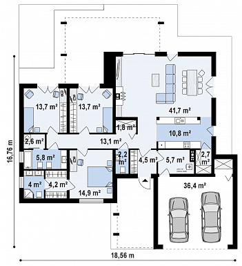 Проект просторного современного одноэтажного дома из газобетона с плоской крышей с тремя спальнями, крытой террасой и гаражом / План 1 этажа