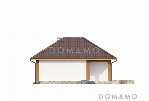 Проект небольшого одноэтажного дома из газобетона с тремя спальнями и красивой угловой террасой  / Фасад 4