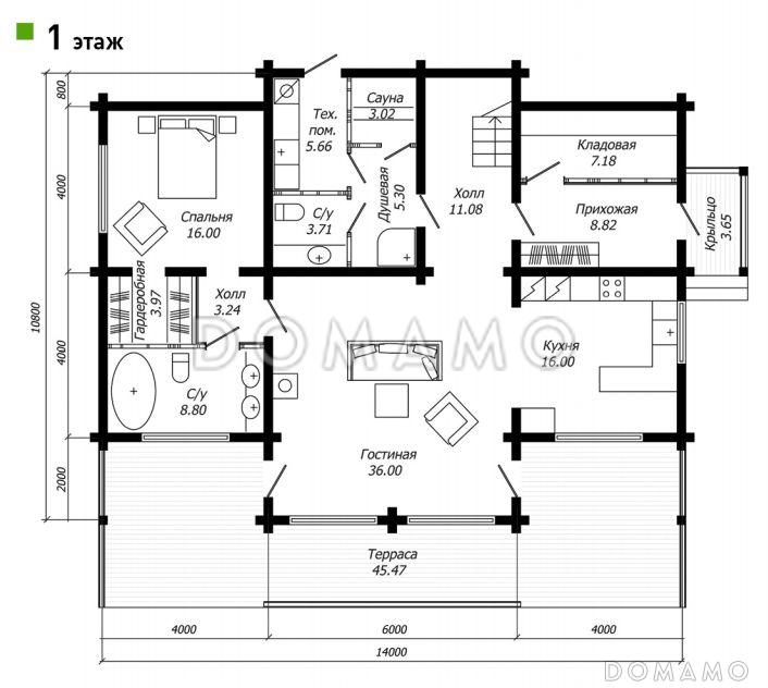 Проект дома из клееного бруса для большой семьи / План 1 этажа