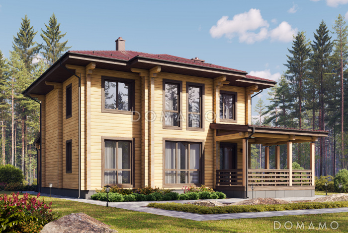 Проект двухэтажного дома из бруса с кабинетом, 4 спальнями и большой гардеробной у входа