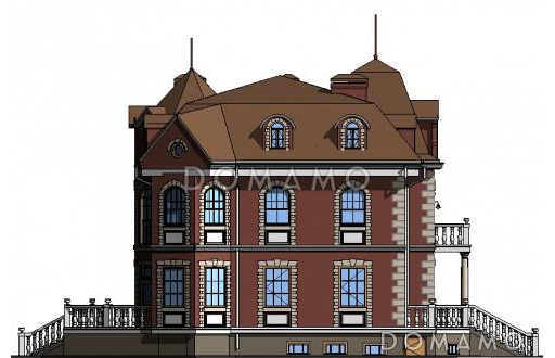 Проект двухэтажного дома с цоколем и мансардой, с сауной, бассейном и вторым светом  / Фасад 4