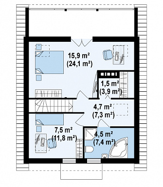 Проект компактного одноэтажного мансардного дома из газобетона с двумя спальнями, кабинетом и двумя крытыми террасами / План мансардного этажа