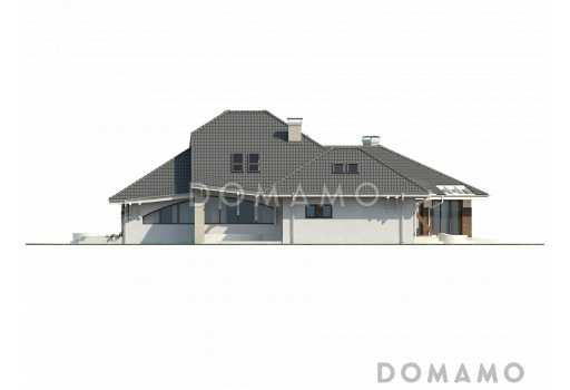 Проект красивого просторного мансардного коттеджа из кирпича с террасой на втором уровне / Фасад 4