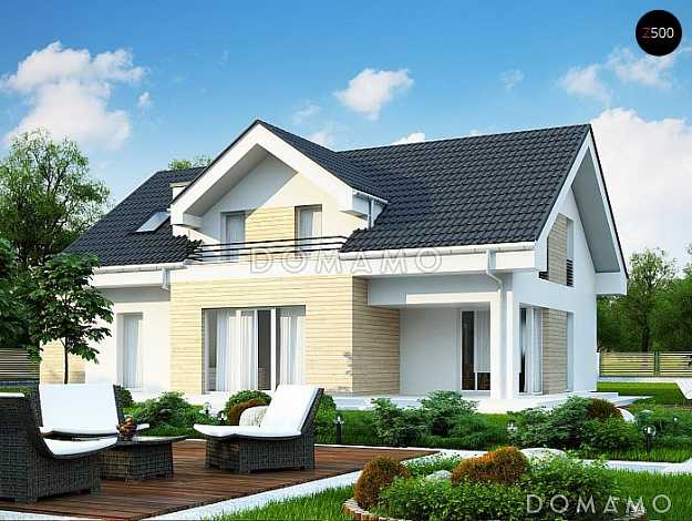 Проект мансардного дома из газобетона со встроенным гаражом, кабинетом и балконом