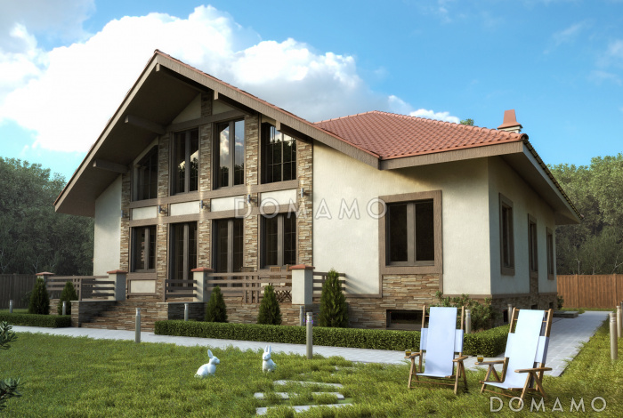 Проект большого современного дома с цокольным этажом и навесом для двух автомобилей