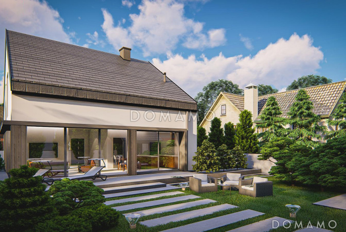 Проект загородного дома с панорамным остеклением гостиной, гаражом, кладовой и мастер-спальней на мансарде