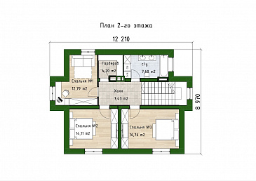 Проект двухэтажного дома с 3 спальнями, гостевой комнатой и просторной гостиной / План 2 этажа