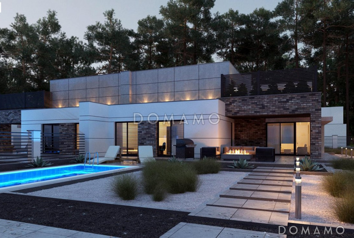 Проект современного двухуровневого дома из газобетона с плоской крышей, террасами и гаражом 