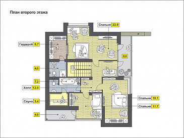 Проект загородного дома из SIP панелей с косой крышей, открытой террасой, двумя балконами, панорамными окнами / План мансардного этажа