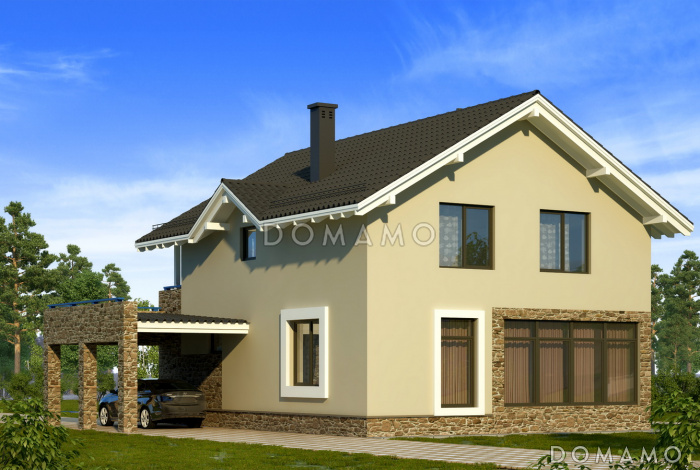 Проект загородного дома с каменного облицовкой крыльца и панорамными окнами гостиной