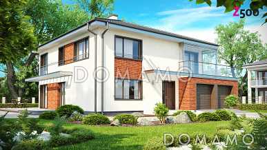 Проект просторного современного двухэтажного дома из газобетона, с пятью комнатами, гаражом и застеклённой террасой над ним