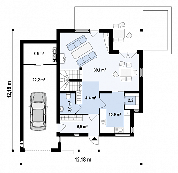 Проект современного одноэтажного мансардного дома из кирпича с тремя комнатами, угловой террасой и гаражом / План 1 этажа
