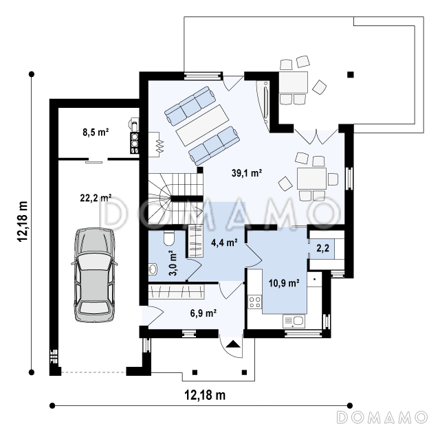 Проект современного одноэтажного мансардного дома из кирпича с тремя комнатами, угловой террасой и гаражом / План 1 этажа