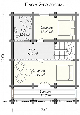 Проект дома из оцилиндрованного бревна с парной, хозяйской спальней с выходом на просторный балкон / План мансардного этажа