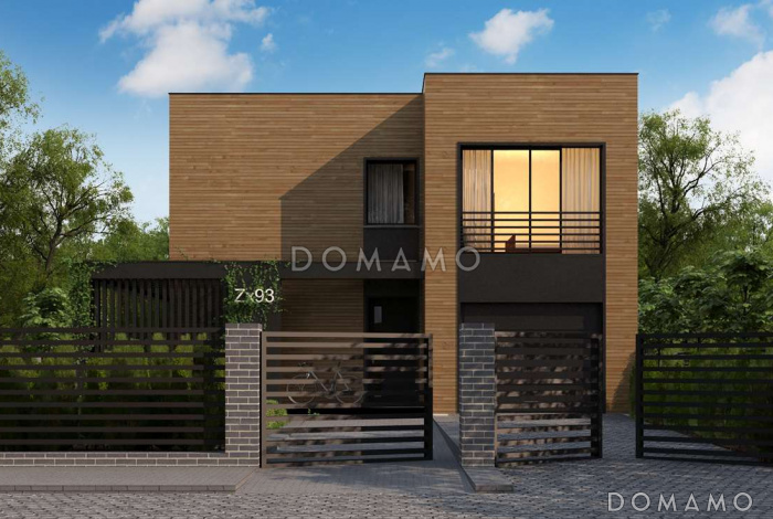 Проект современного двухэтажного дома из газобетона с плоской крышей, четырьмя комнатами, вторым светом и гаражом