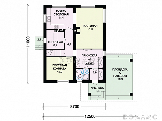Проект загородного дома с мансардой и навесом для машины / План 1 этажа