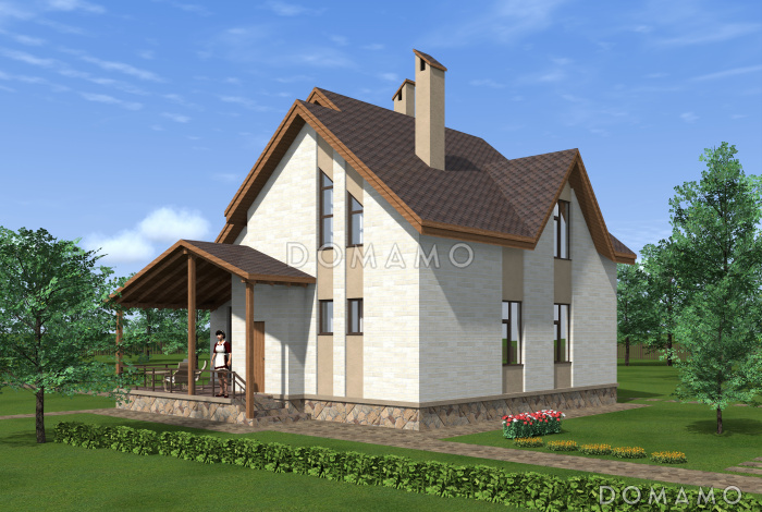 Проект коттеджа из SIP панелей с двусветной гостиной и террасой.