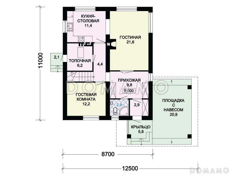Проект загородного дома с мансардой и навесом для машины / План 1 этажа