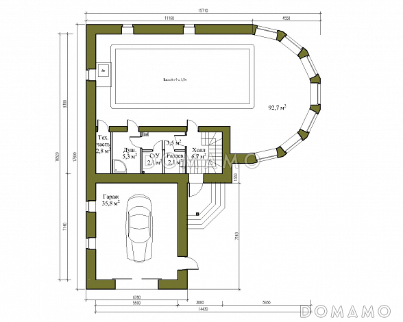 Проект двухэтажного помещения бассейна с двумя спальнями и гаражом / План 1 этажа