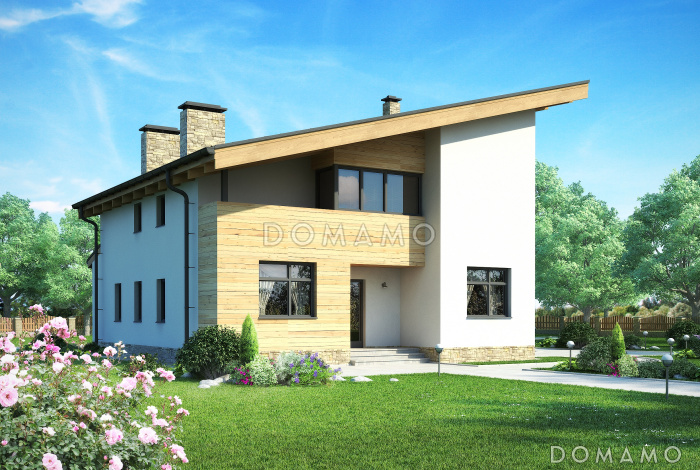 Проект дома с косой крышей, спальнями на первом этаже, верандой, террасой, сауной на мансардном этаже, вторым светом, балконом