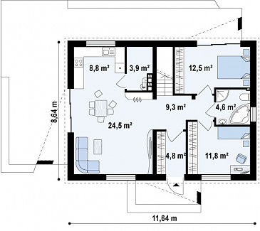 Проект компактного одноэтажного дома из газобетона с двумя спальнями, светлой дневной зоной и кладовой рядом с кухней / План 1 этажа
