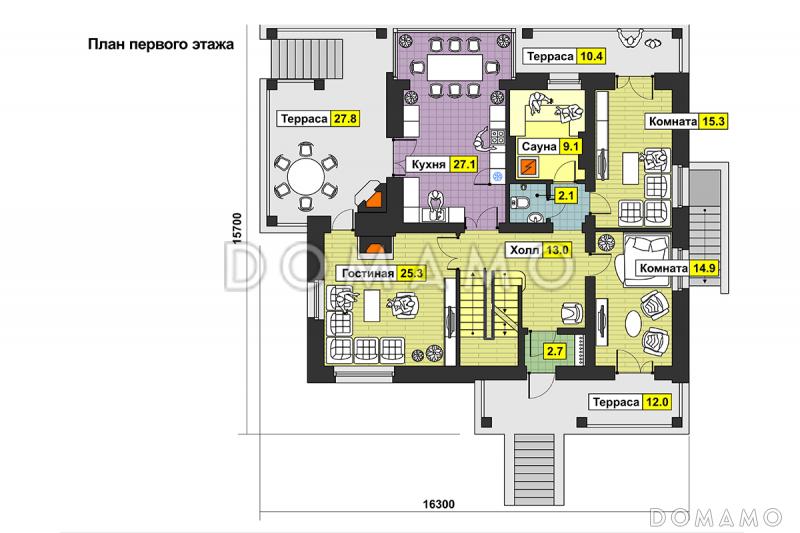 Загородный дом с бильярдной и спортзалом в цокольном этаже, барбекю на террасе, просторной кухней, лоджией и балконами / План 1 этажа