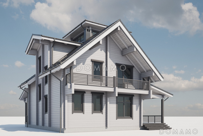 Проект двухэтажного дома из бруса с масштабной крытой террасой и бельведером