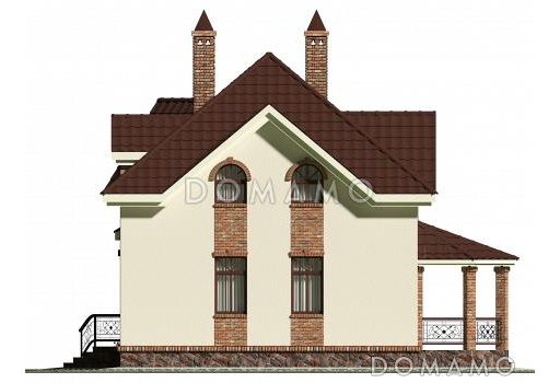 Проект квадратного  коттеджа  со входом с угла и большой террасой / Фасад 2