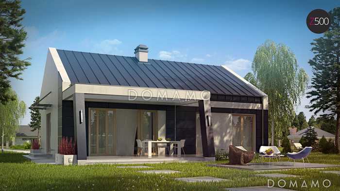 Проект одноэтажного дома из кирпича с оригинальной открытой террасой