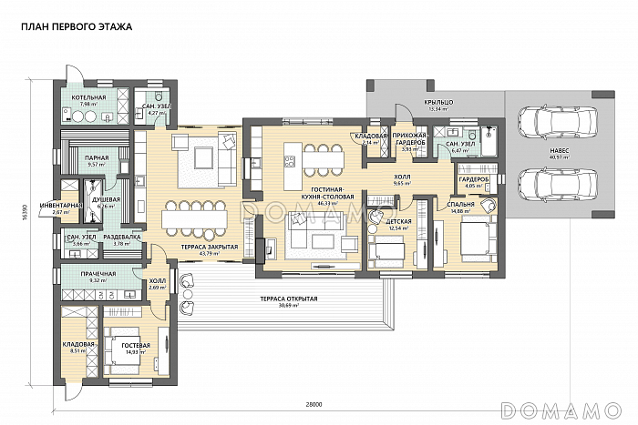 Проект кирпичного дома Г-образной формы с закрытой террасой, 3 кладовками, 3 спальнями и парной / План 1 этажа