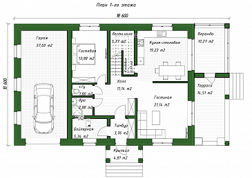 Проект двухэтажного дома из газобетона с пристроенным гаражом и верандой / План 1 этажа