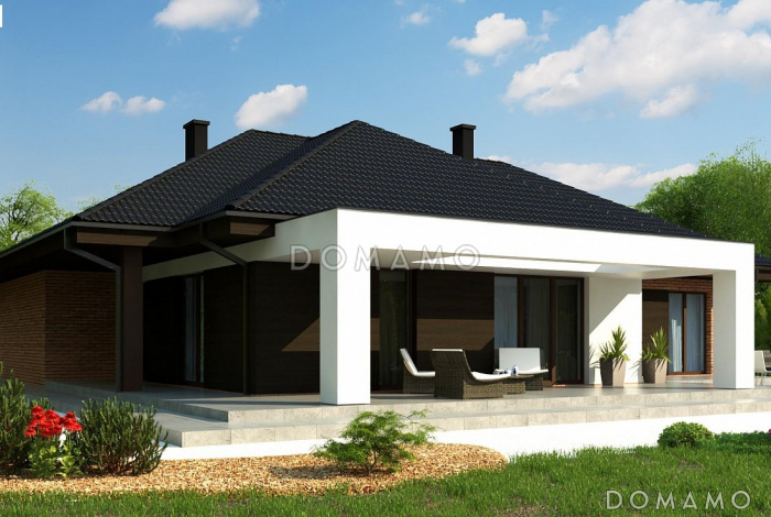 Проект одноэтажного просторного дома из газобетона с отрытой террасой и гаражом для двух автомобилей 