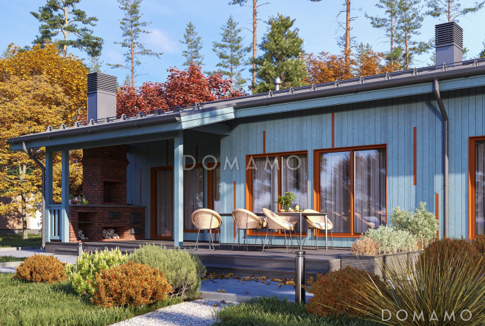 Проект кирпичного дома с 3 спальнями, крытой и открытой террасами, навесом для автомобиля