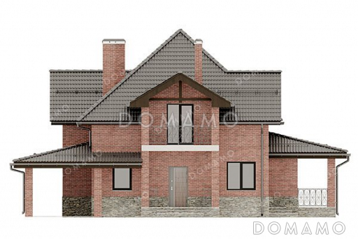 Проект одноэтажного дома с мансардой, просторной террасой и навесом для автомобиля / Фасад 1