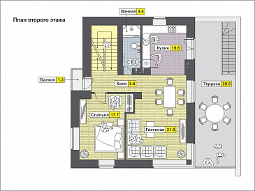 Проект загородного дома с навесом на две машины, крытой террасой, техническими помещениями на первом этаже / План 2 этажа