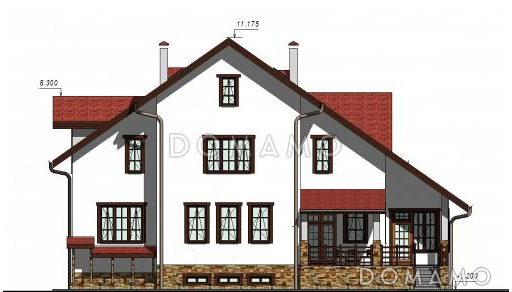 Проект двухэтажного дома с цокольным и мансардным этажами, с сауной и зимним садом / Фасад 3