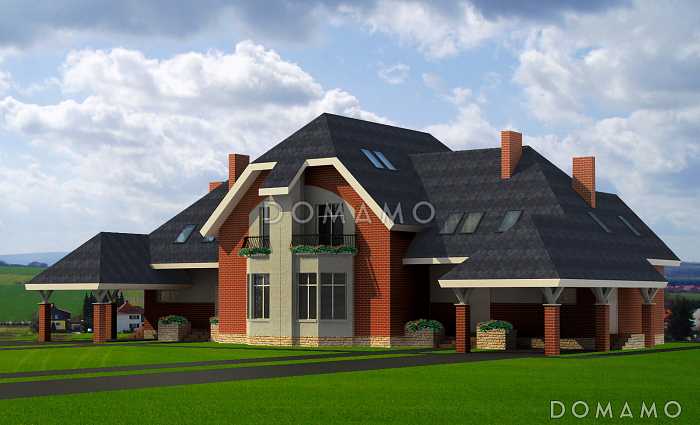 Проект дома с эркером в гостиной, комнатой на первом этаже, террасой, балконом, чердаком